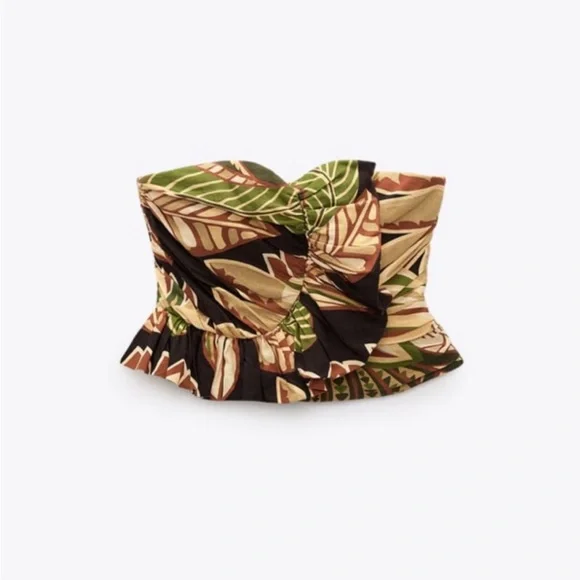 Zara Linen Blend Ruffle Ruched Strapless Top Size Small - Picture 7 of 14